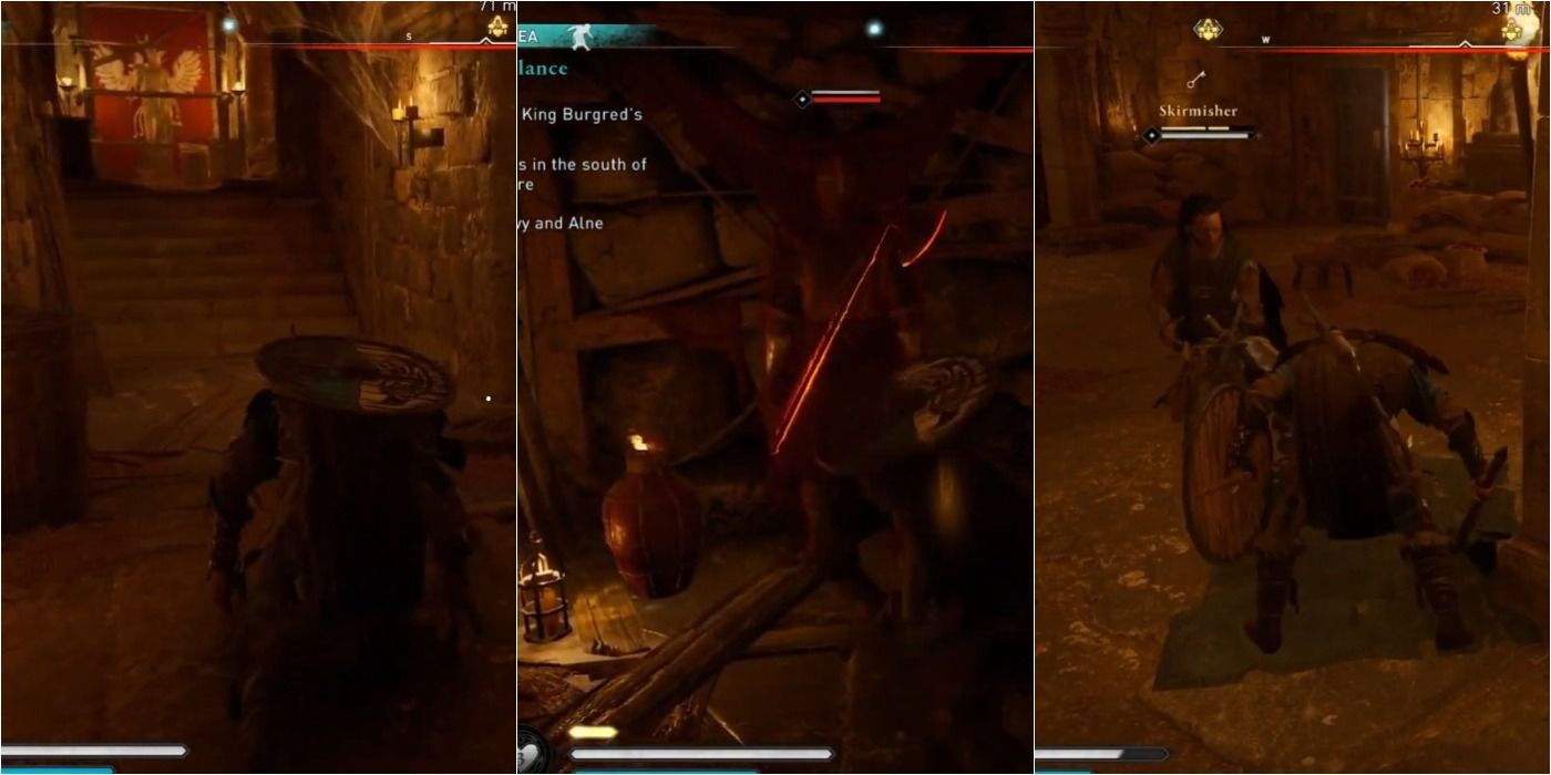 Assassin's Creed Valhalla Tilting the Balance split image of Eivor creeping through crypt and fighting guards