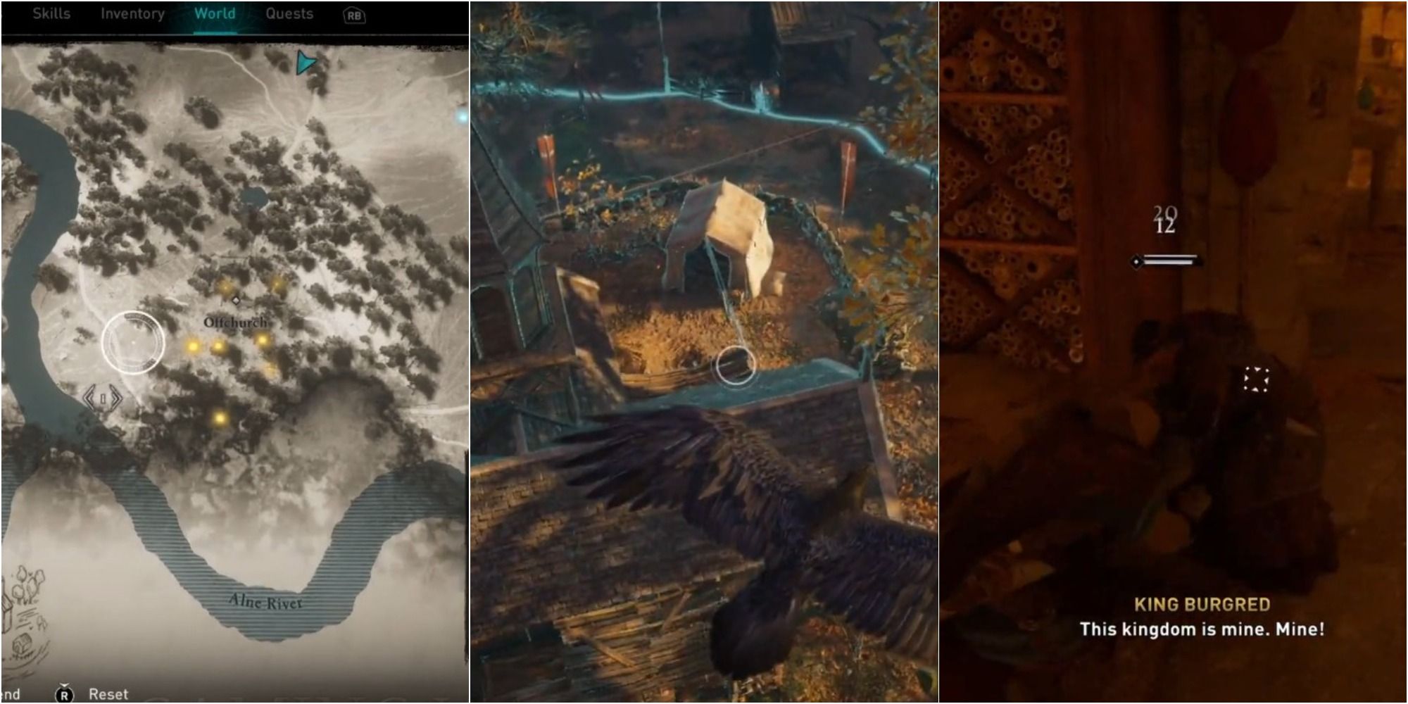 Assassin's Creed Valhalla Tilting the Balance split image of ledecestrescire map, raven over church and Eivor fighting Burgred