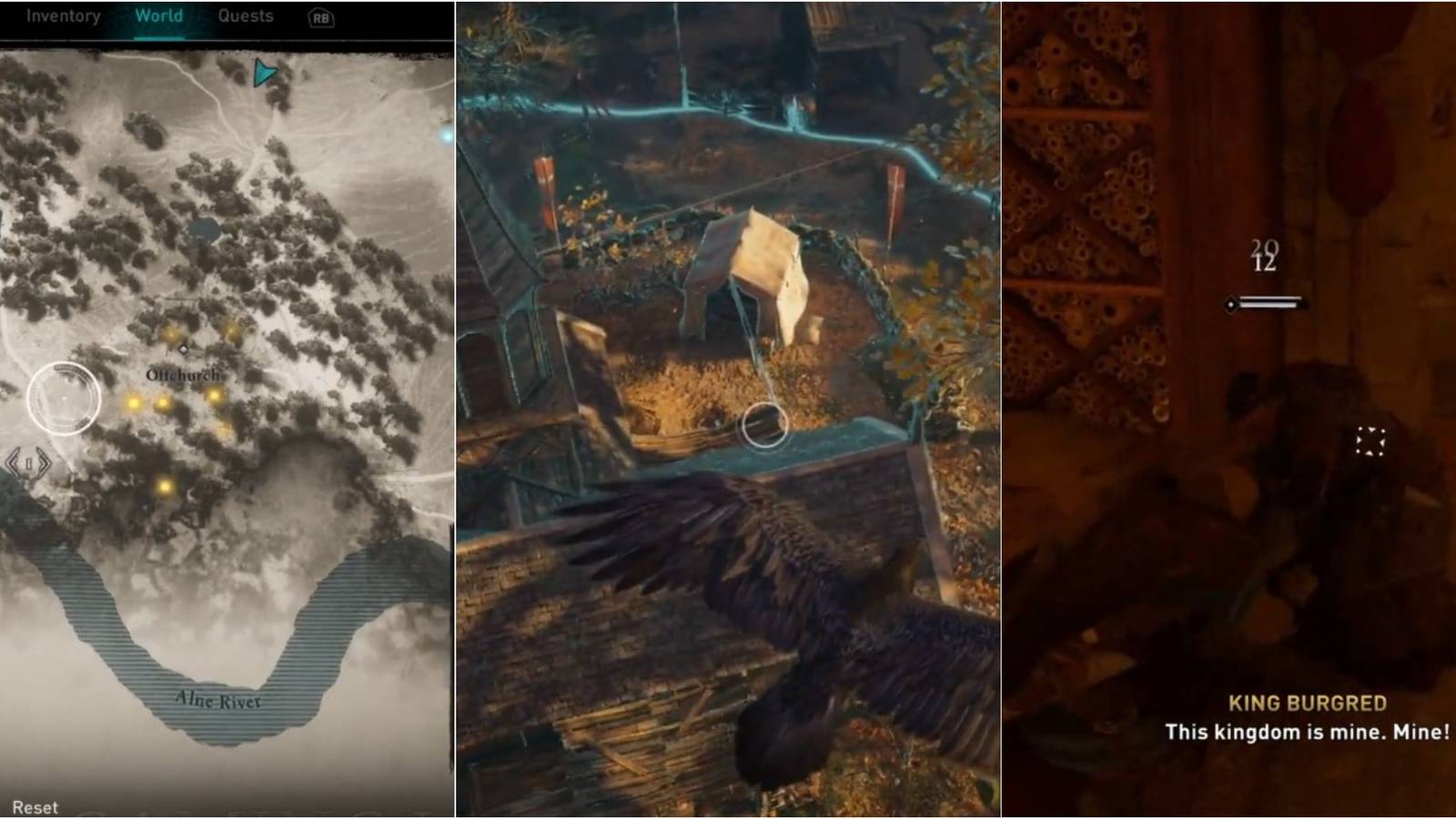 Assassin's Creed Valhalla Tilting the Balance split image of ledecestrescire map, raven over church and Eivor fighting Burgred