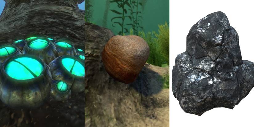 Barnacle, Sandstone Outcrop, and Silver Ore Split Image Subnautica