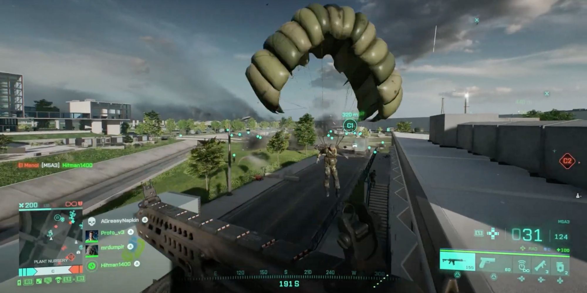 Battlefield 2042 — игрок стреляет в приземляющегося врага с парашютом
