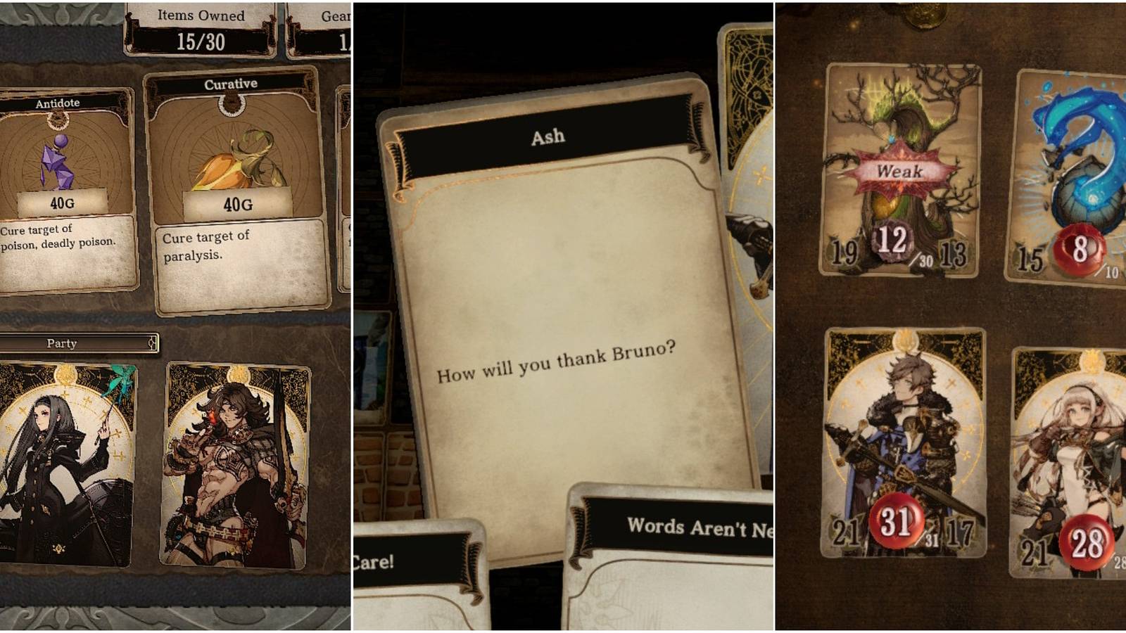 restorative items over party members; a decision card with two choices; a battle where one monster has the word 