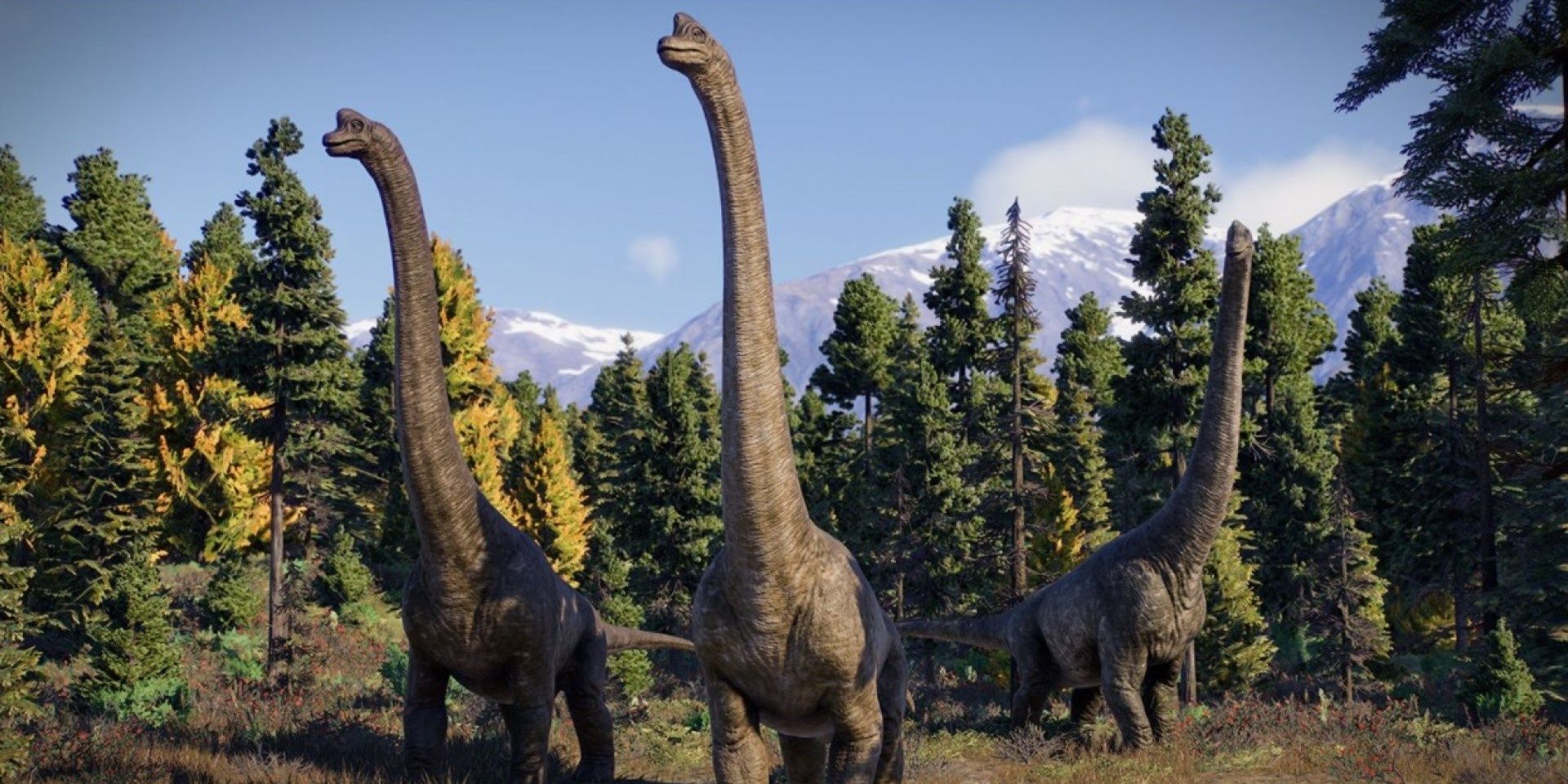 A Brachiosaurus herd in Jurassic World Evolution 2