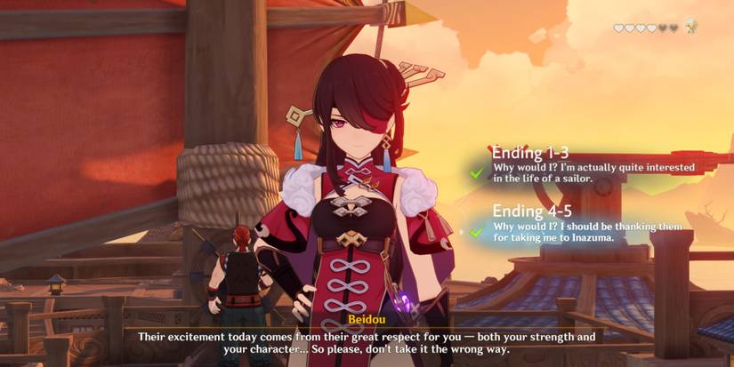 Beidou apologizing for her crew's excitement and greeting the traveler