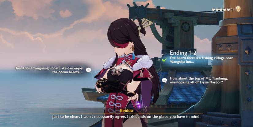 Beidou asking the traveler to pick a spot to take her photo