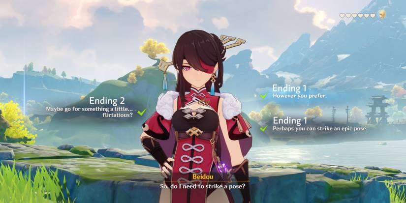 Beidou asking the traveler which pose she should strike