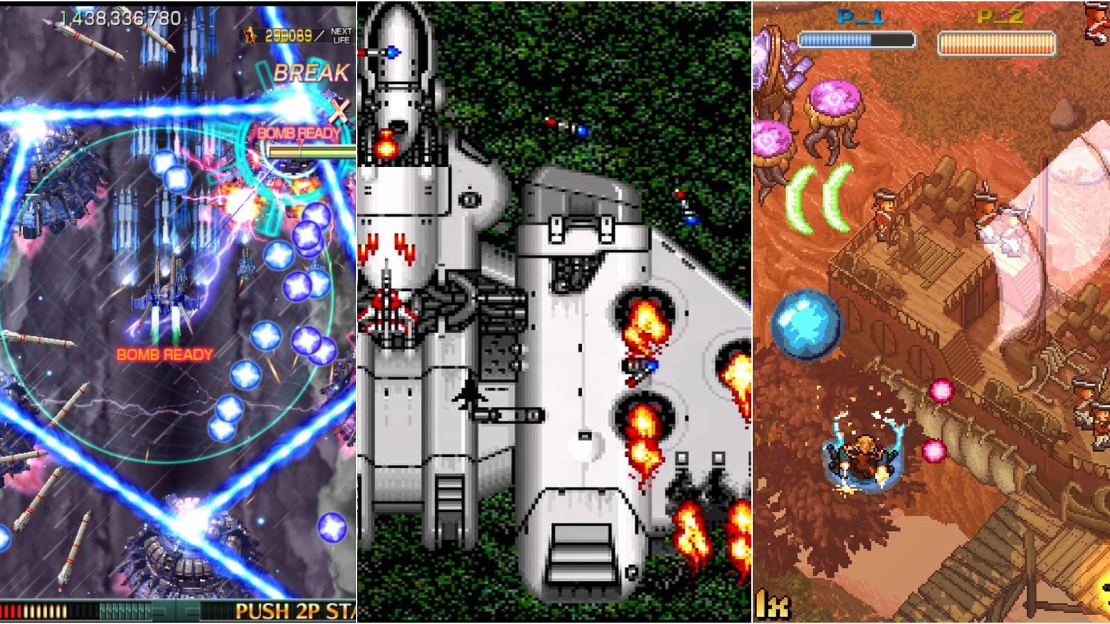 Split image of Crimzon Clover, Jamestown, Raiden shooting space ships