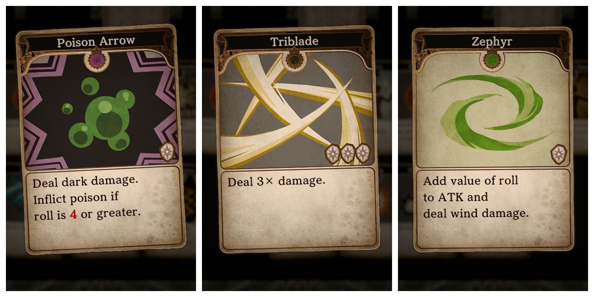 three cards with the titles poison arrow, triblade, and zephyr