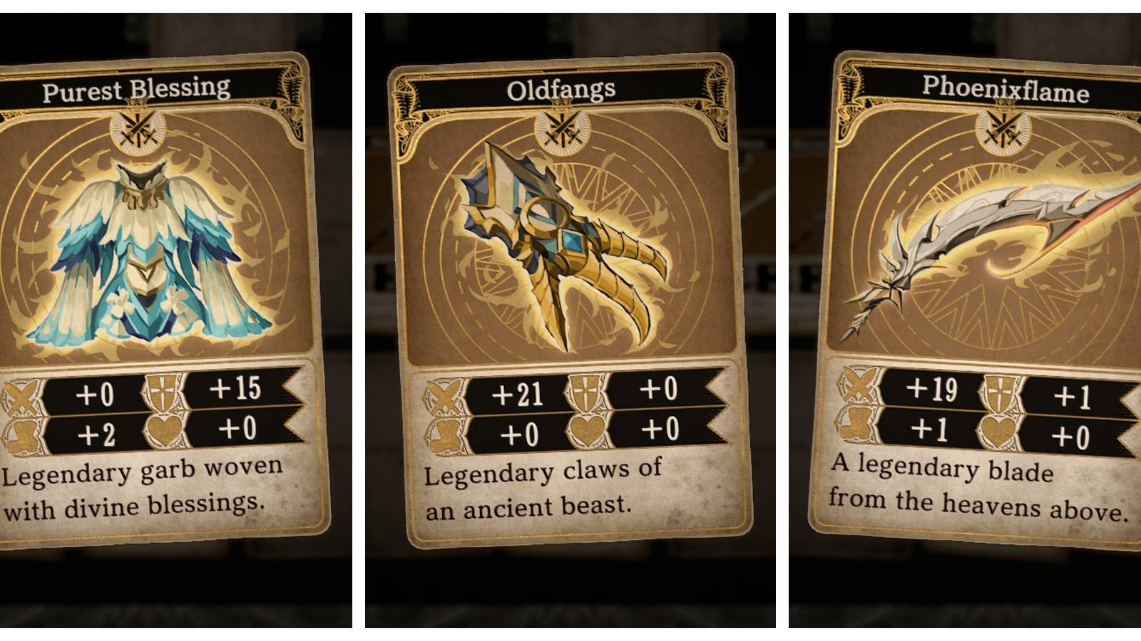 a blue gown with feathered shoulders; an ornate gauntlet with golden claws over the fingers, and a curved, spiky, jagged-looking sword