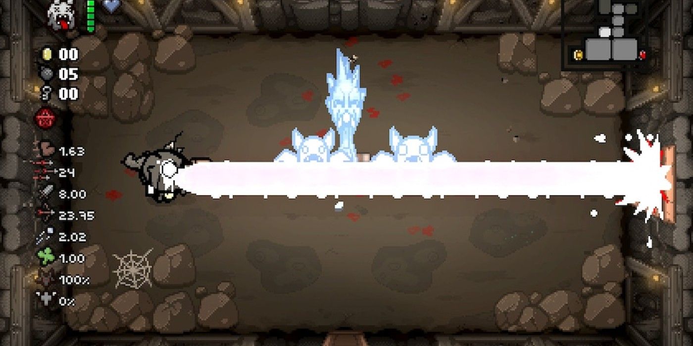 Binding of Isaac Uranus Isaac shooting icy beam at frozen foes