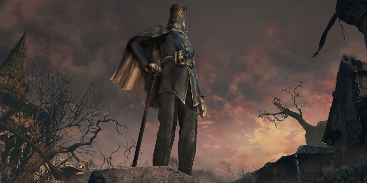 Bloodborne Constable Set posing on top of a rock