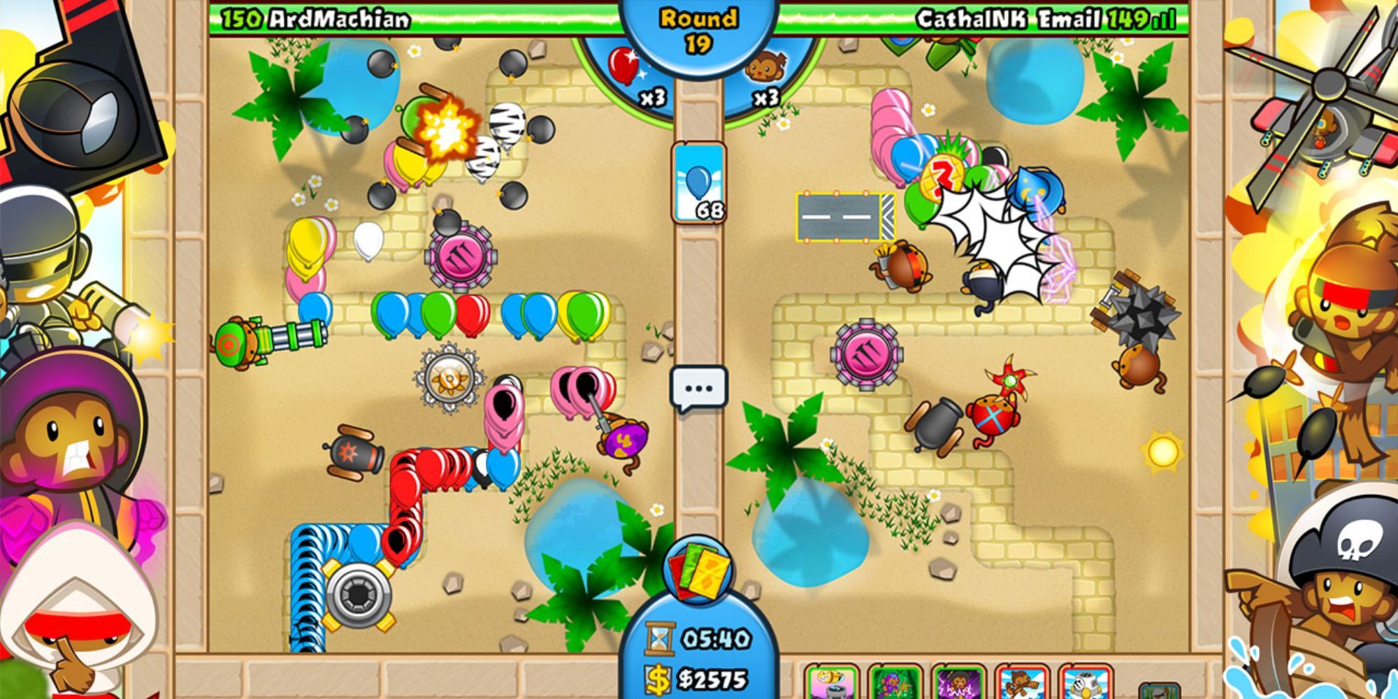 Bloons TD Battles colorful battle screen with money and time display