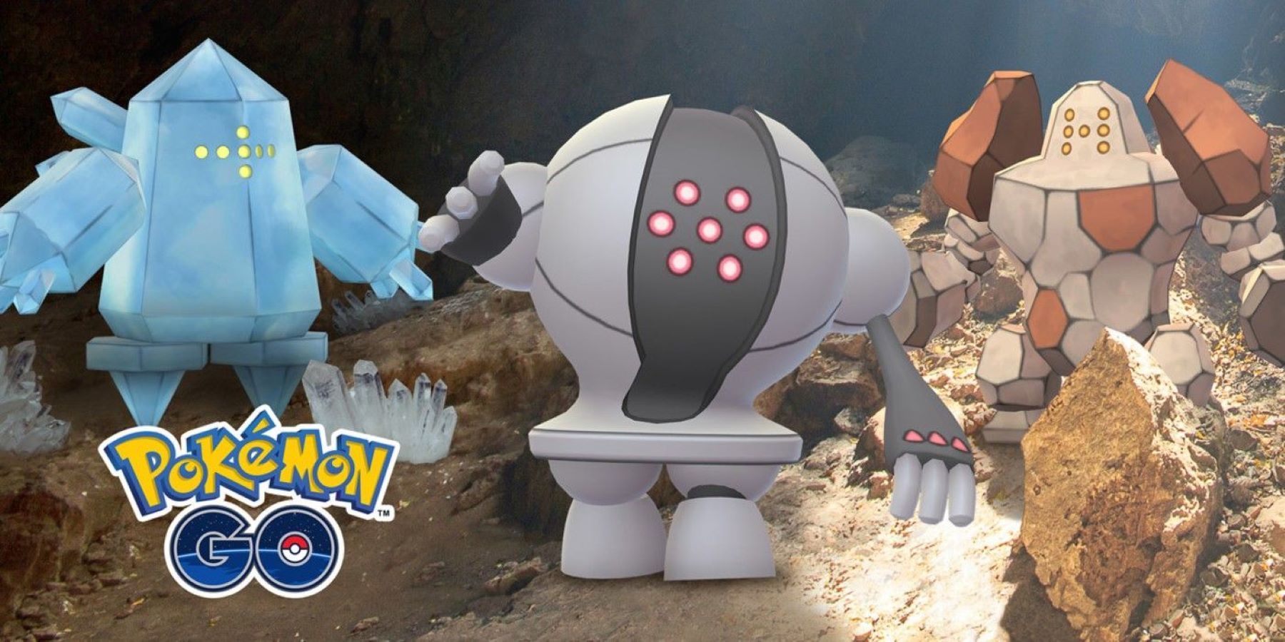 Баннер Pokemon GO с изображением Regice, Registeel и Regirock в пещере.