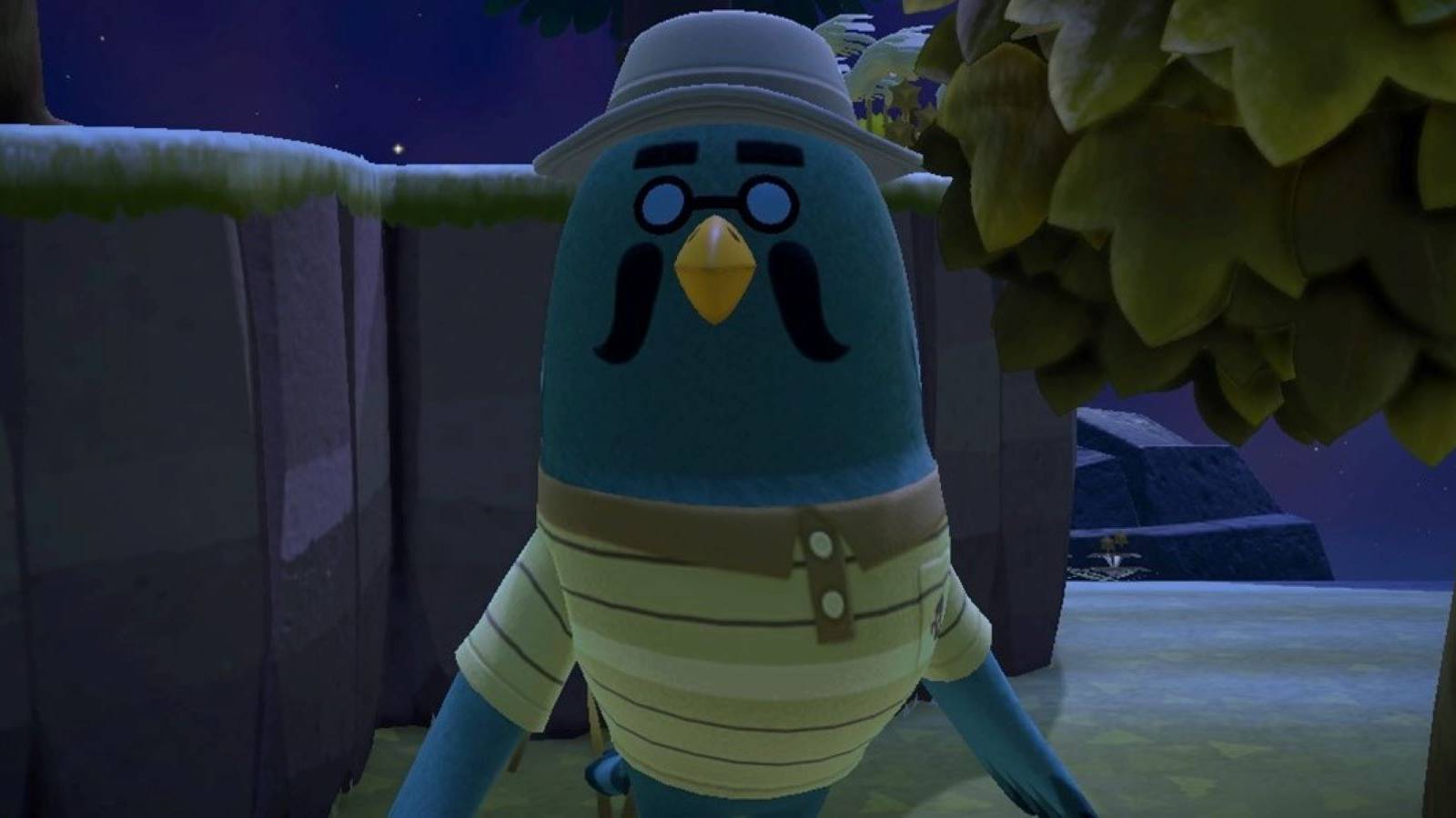 Brewster wearing a striped polo and a hat outdoors on an Animal Crossing: New Horizons island