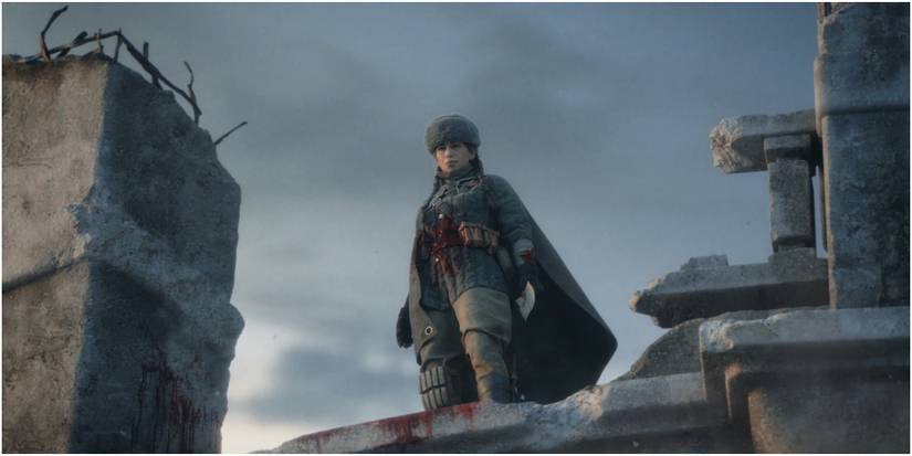 Call Of Duty Vanguard Lady Nightingale Standing On Top Of A Destroyed Building