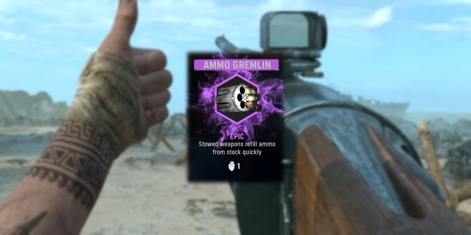 Call of Duty Vanguard Zombies - Ammo Gremlin Description In-Game Overlaid On Image Of Operator Giving Thumbs Up With Revolving Shotgun