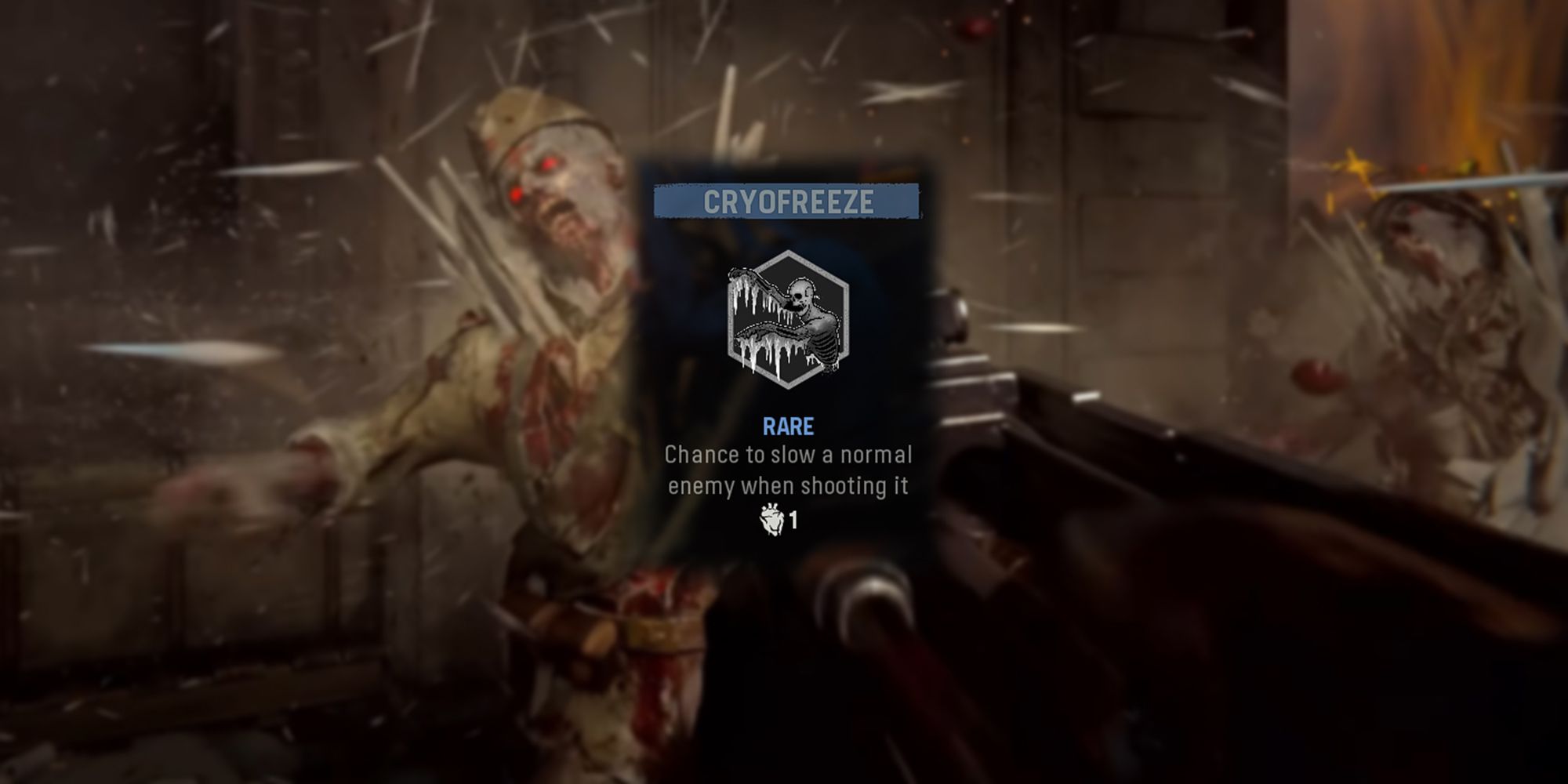 Call of Duty Vanguard Zombies - Cryofreeze Description In-Game Overlaid On Image Of Zombie Frozen Over