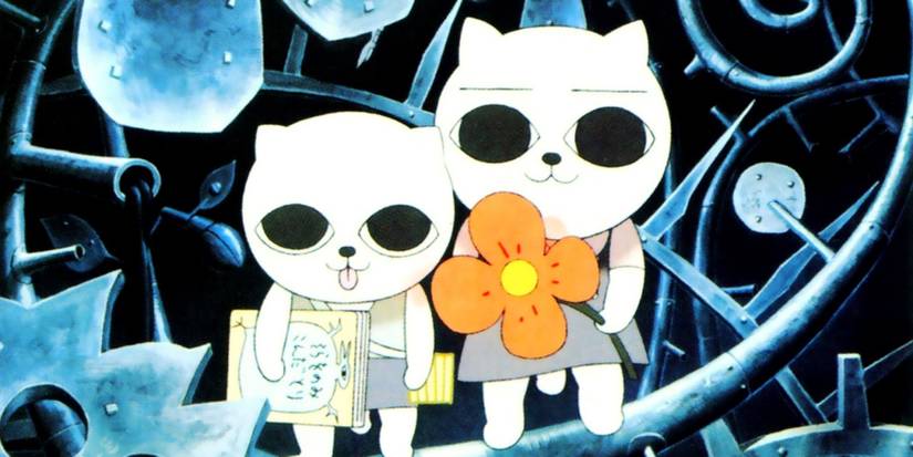 Two cats from Cat Soup surrounded by gears