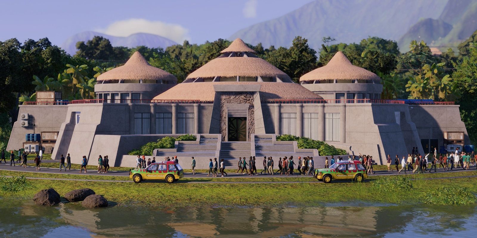 The visitor center in Jurassic World Evolution 2