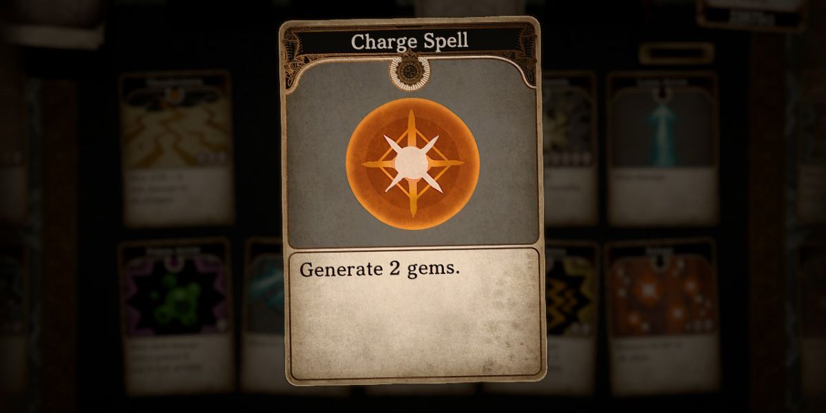 card with the title Charge Spell over a picture of an orange circle with a starburst symbol inside