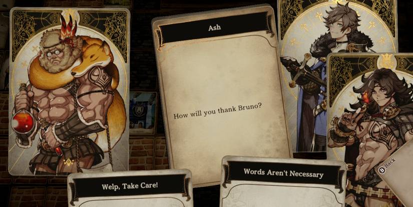 a choice card with two different options between three men, two of whom are very muscular  