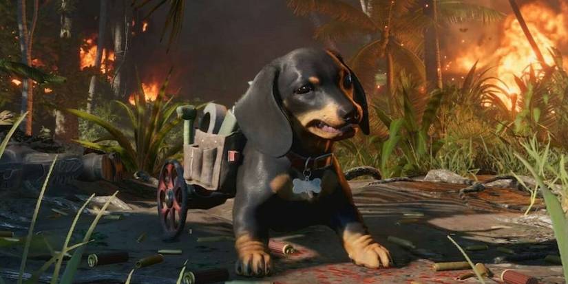 Far Cry 6 Amigo Chorizo in front of an explosion