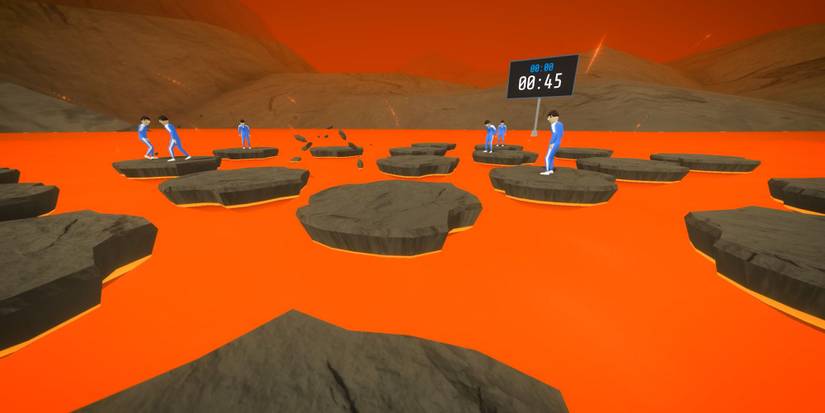 Players size one another up on lava platforms in Crab Game