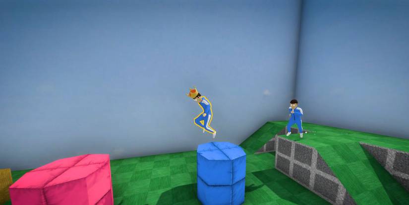 One player chasing another across platforms in Crab Game