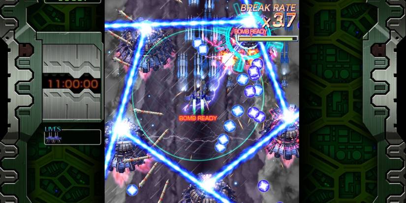 Crimzon Clover World Ignition firing pentagram lasers at foes in stormy stage