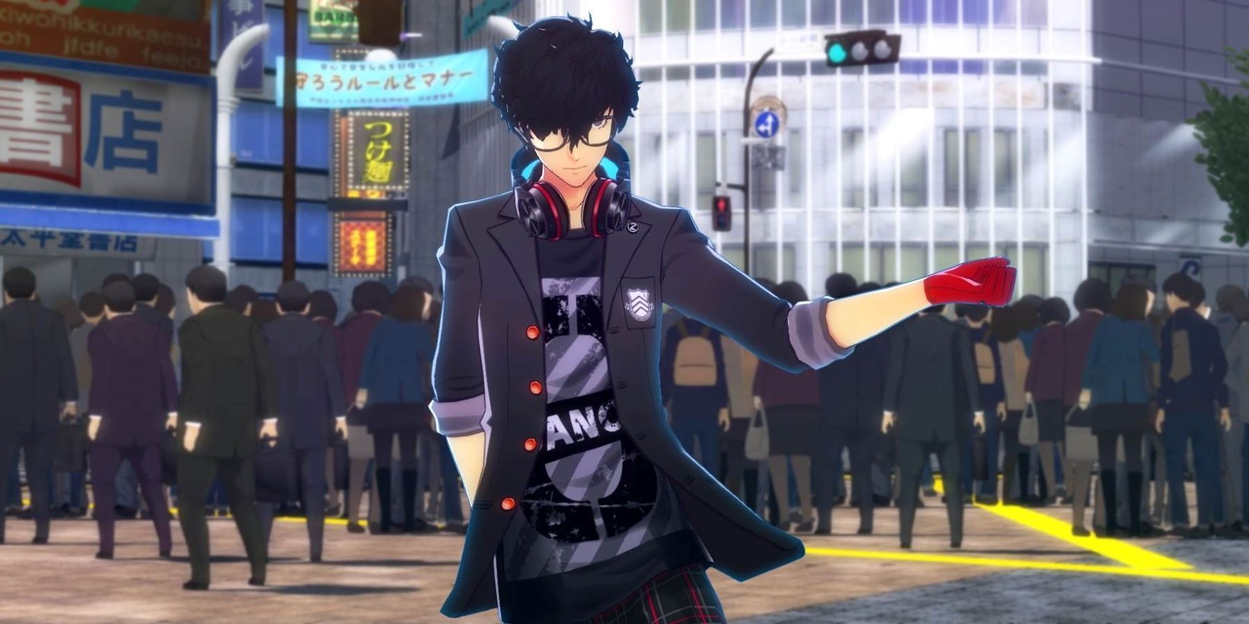 Joker standing in Shibuya and wearing casual clothes under his Shujin uniform in Persona 5: Dancing in Starlight