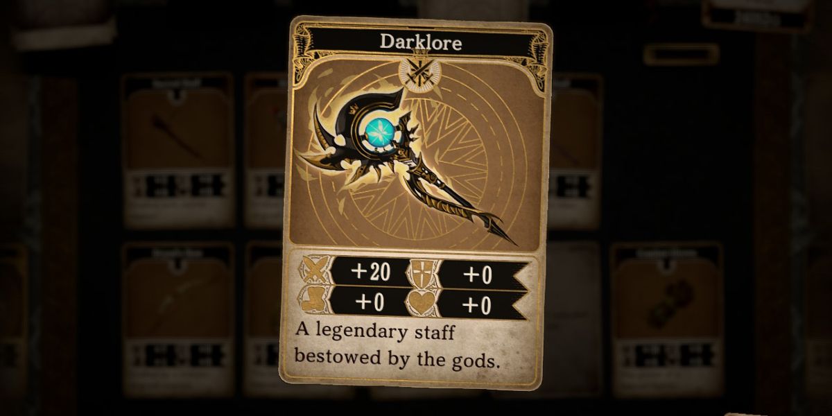 a weapon card titled Darklore that shows a black, spiky magic staff with a light blue crystal at the top