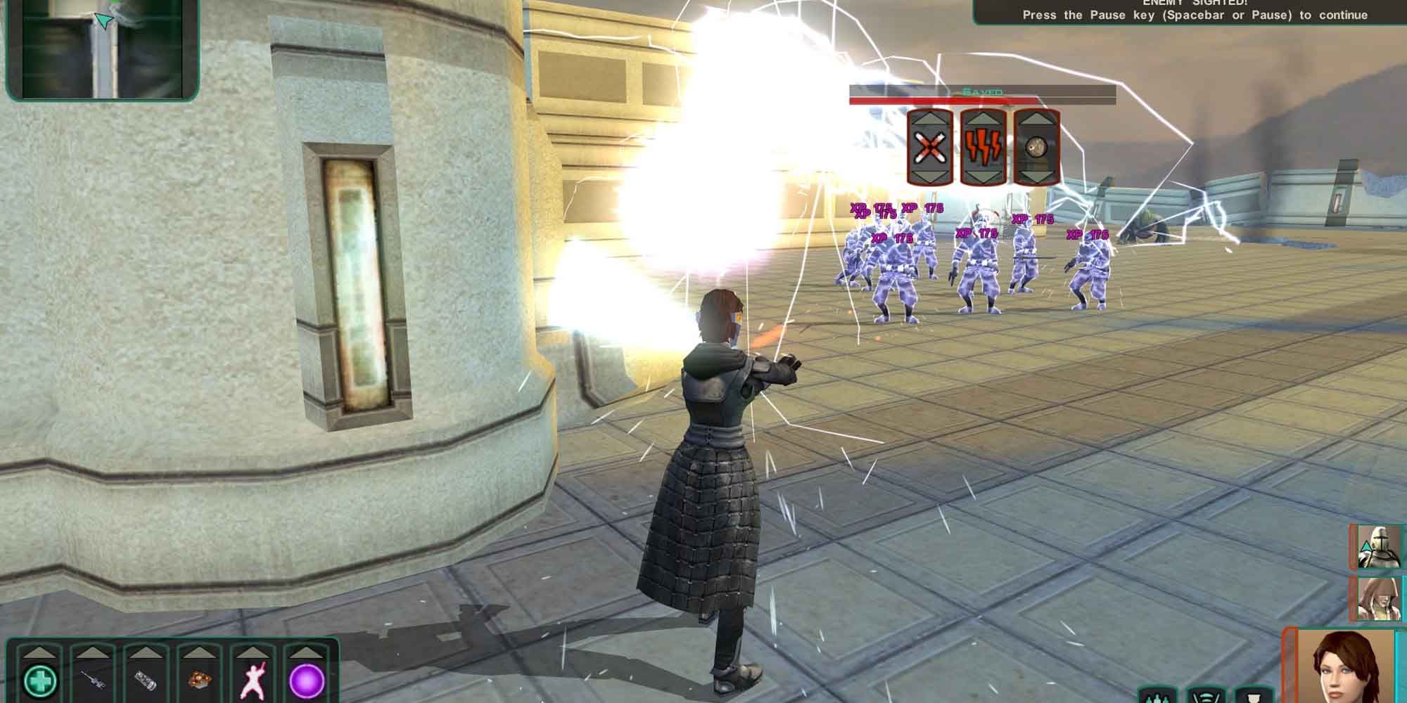 Using Force Lightning on a group of enemies in Star Wars: Knights of the Old Republic