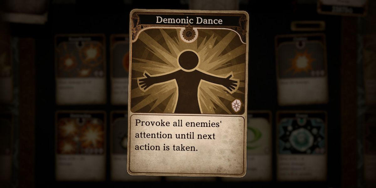 a card titled Demonic Dance over a silhouetted man with his arms spread wide
