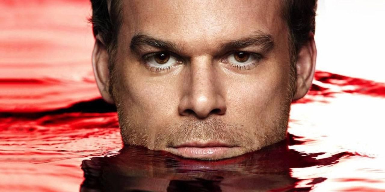 Dexter's poster with his face poking out of a pool of blood