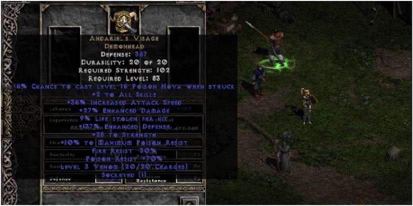 Diablo 2 Resurrected Andariel's Visage Equipped In The Mercenary Helm Slot