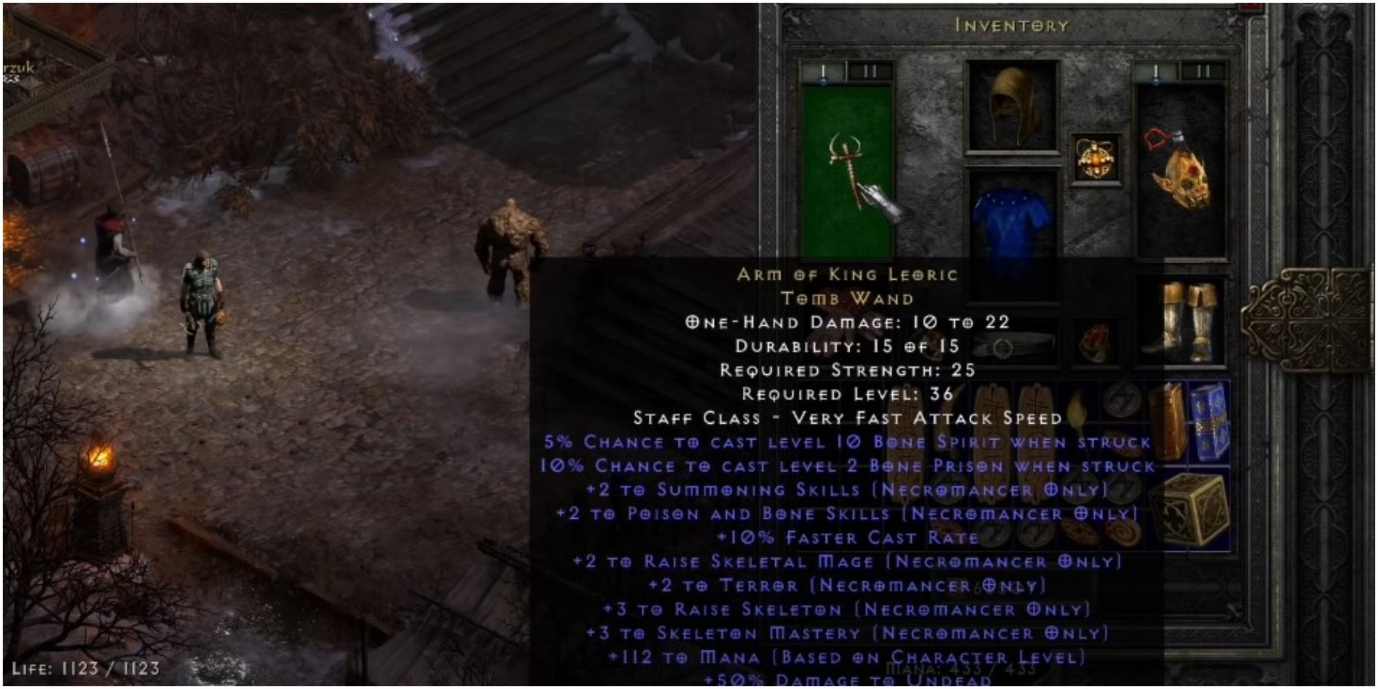 Diablo 2 Resurrected Arm Of King Leoric Wand Equipped On A Necromancer