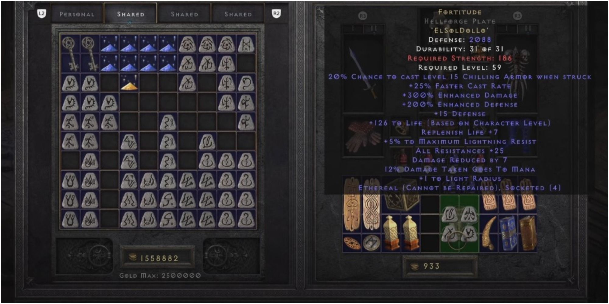 Diablo 2 Resurrected Fortitude Armor In The Player Inventory