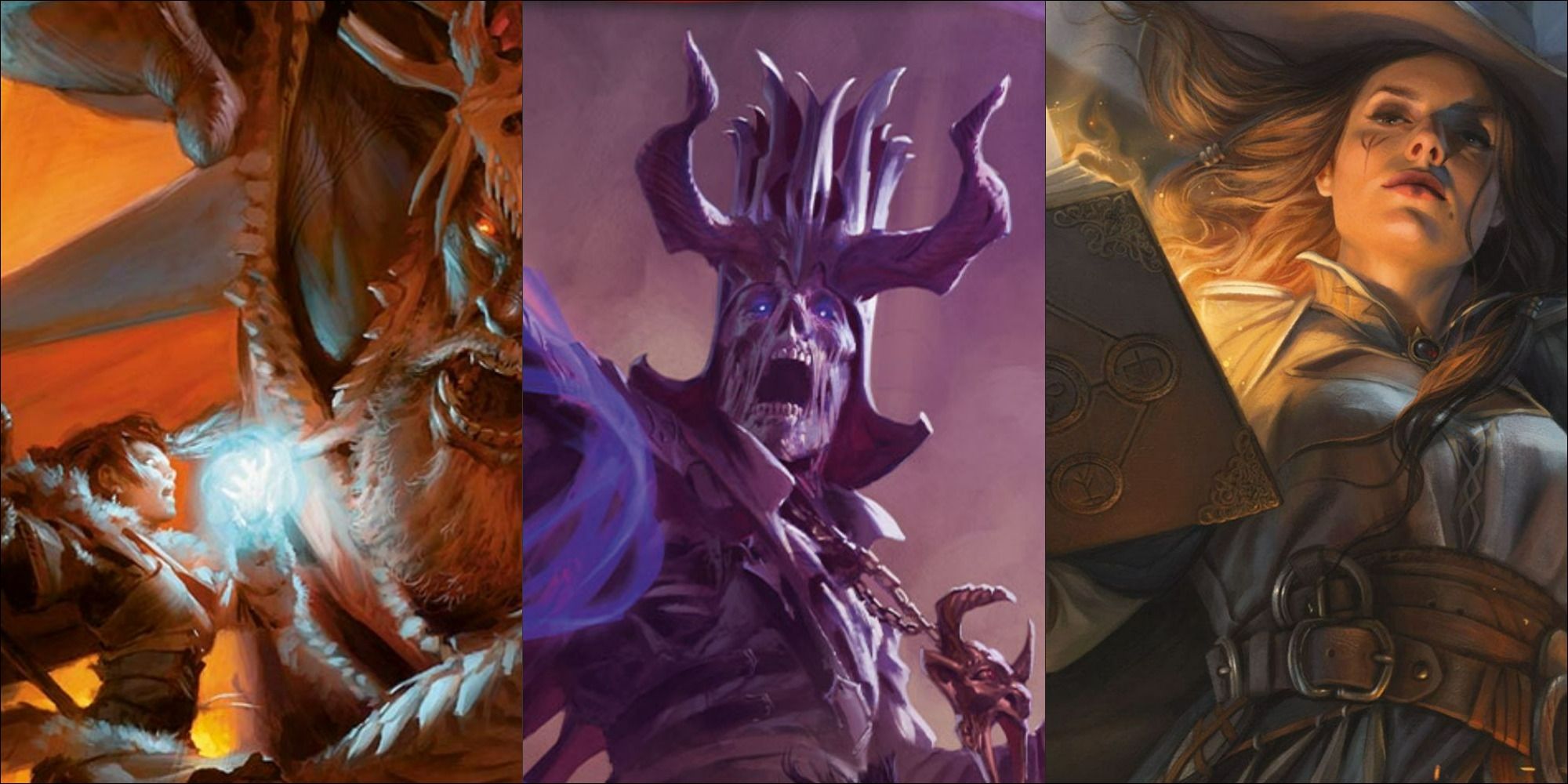 Close-ups of three spellcasting characters from the covers of Dungeons and Dragons books