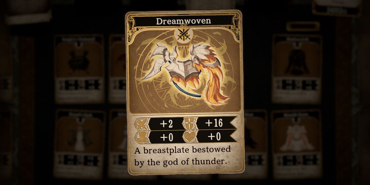 a card titled Dreamwoven with a picture of a burnished, silver breastplate with a golden lock of fur attached to the left arm 