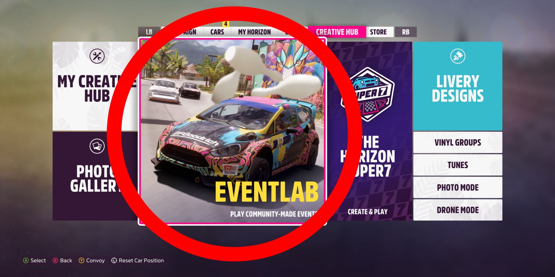 Forza Horizon 5 Event Lab circled in Creative Hub