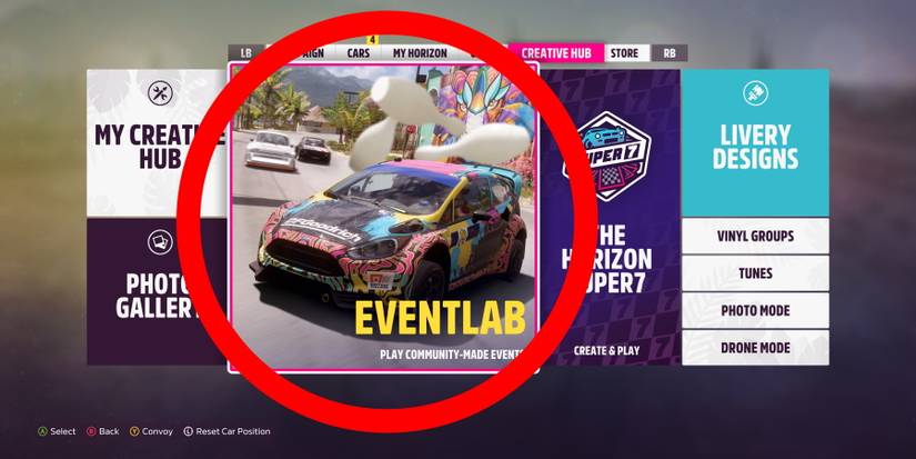 Forza Horizon 5 Event Lab circled in Creative Hub