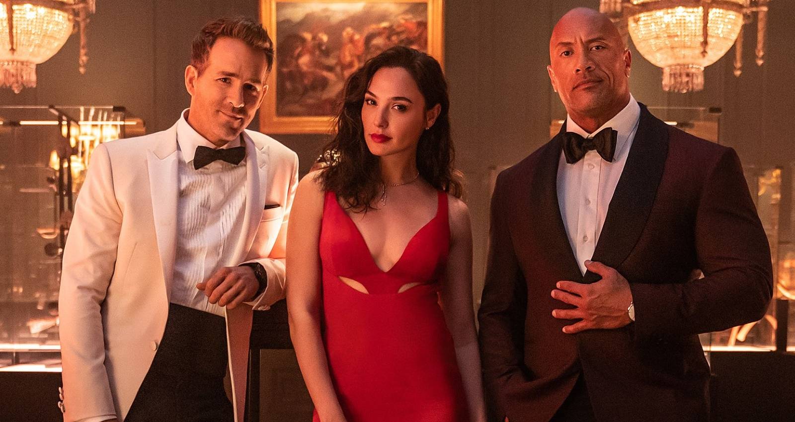 Dwayne Johnson, Ryan Reynolds, and Gal Gadot in Netflix's Red Notice
