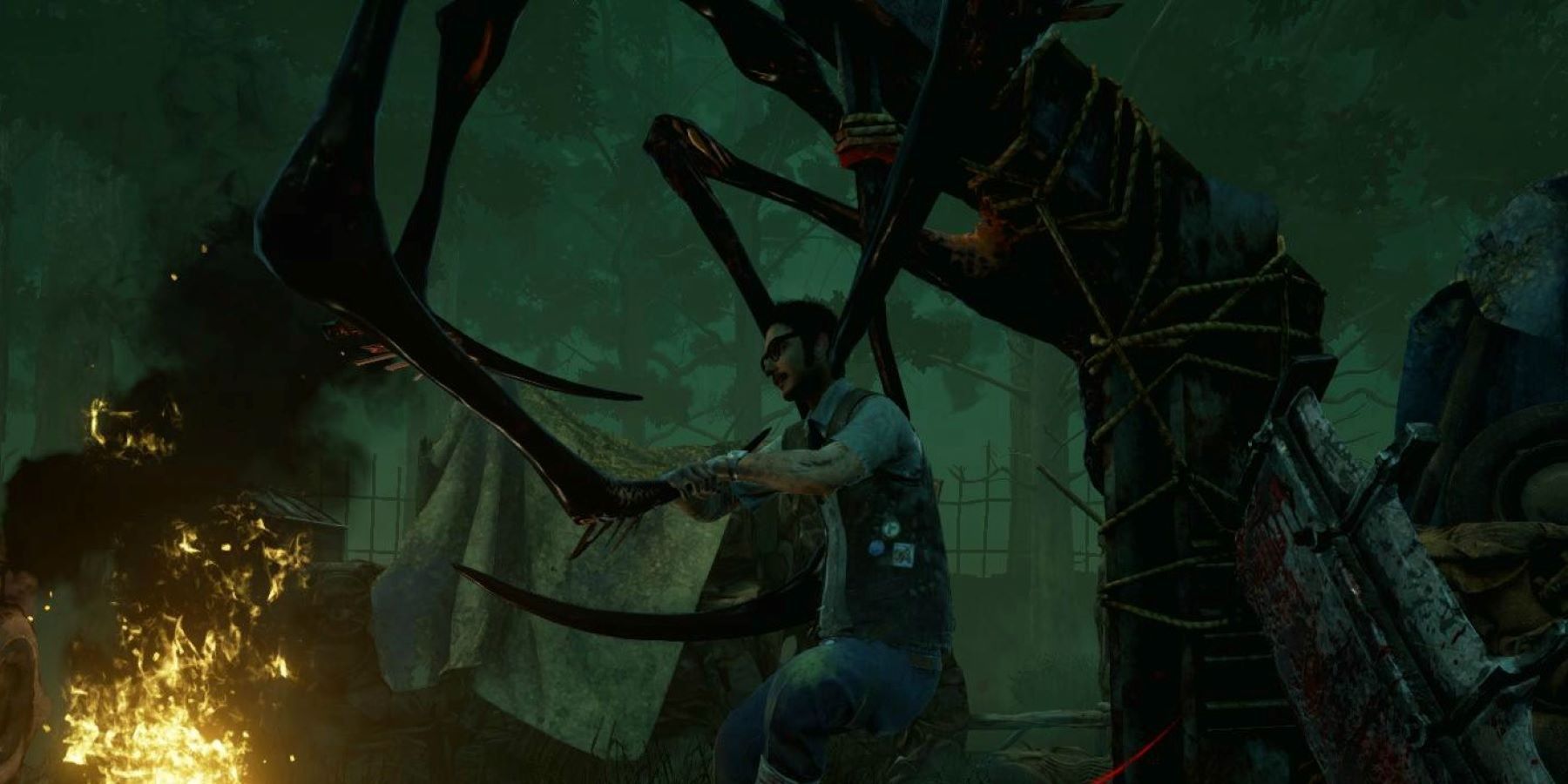 A Survivor on a hook wrestling with the Entity's claws in Dead by Daylight