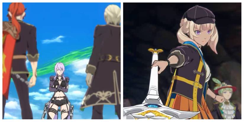 two young men in the foreground face off against a scantily clad woman with purple hair; a blonde girl points a spear at the screen while a young man with green hair stands in the background