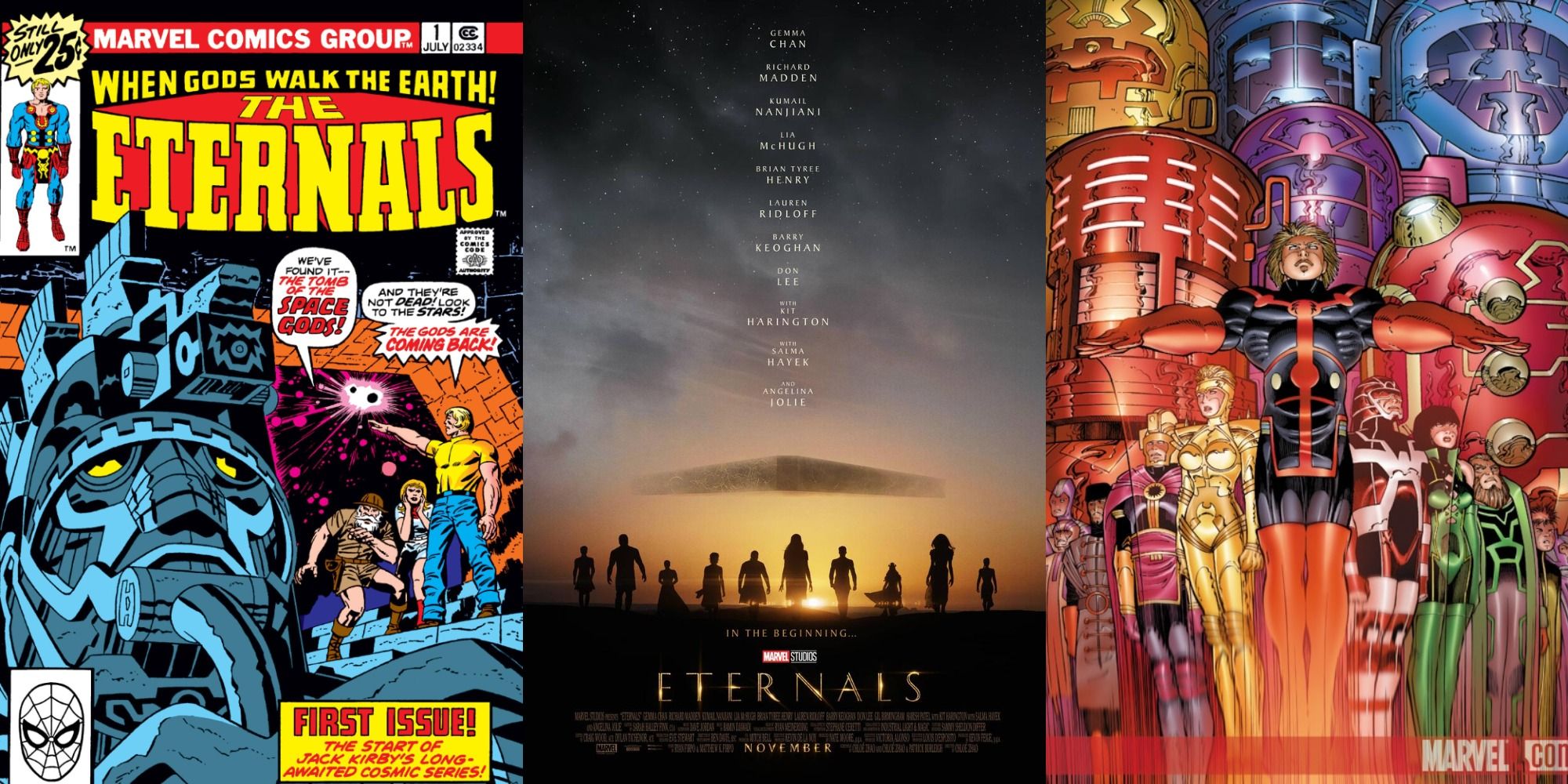 Eternal Split Feature Movie Poster and Jack Kirby and John Romita Jr Cover Art Difference Between Movie and Comics