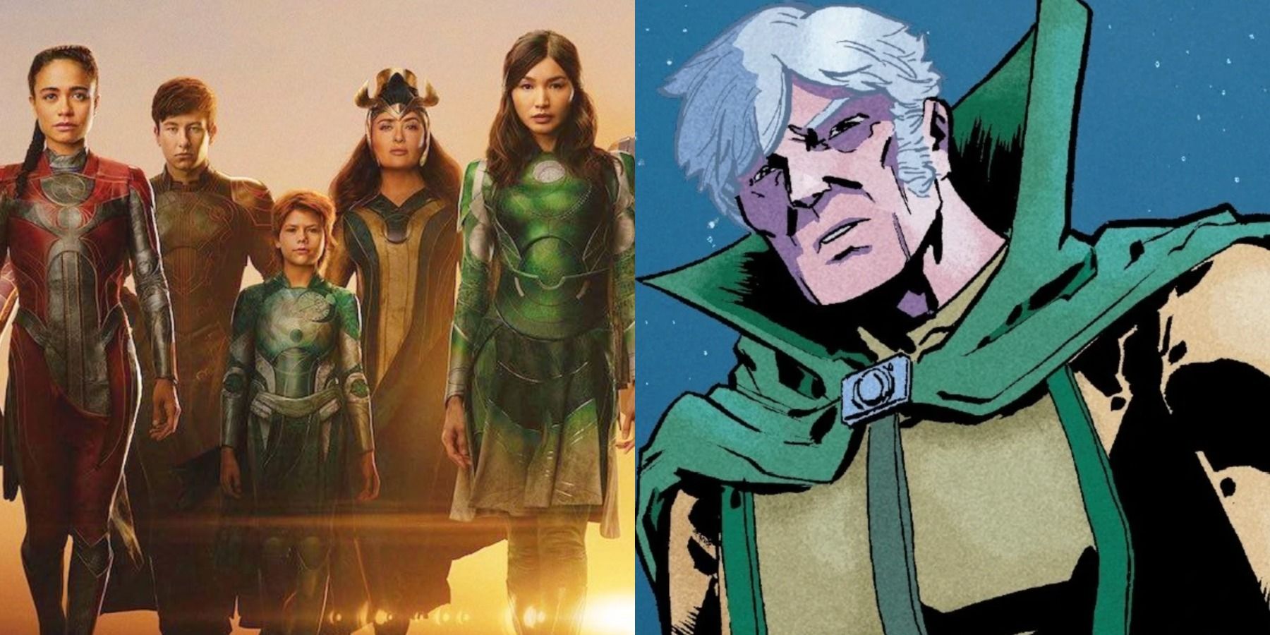 A split image depicts members of the Eternals in the MCU and the comic book Eternal A'lars