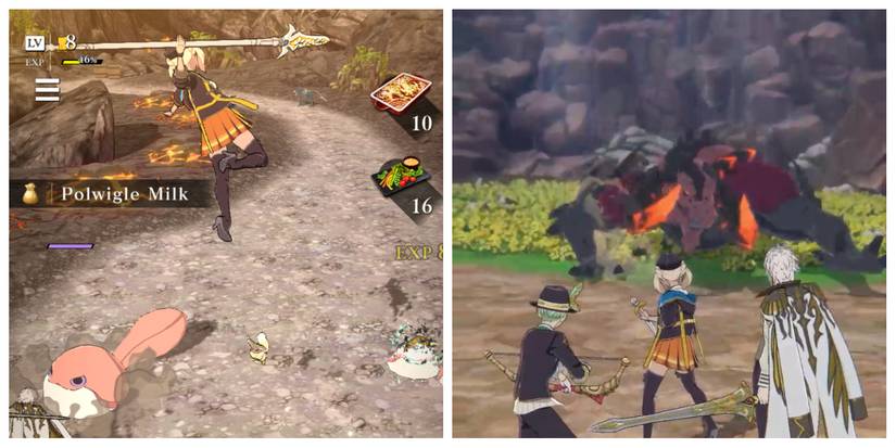 a young blonde woman aims a spear at pink, tadpole enemies on the ground; the blonde woman and two men face a horned, red monster