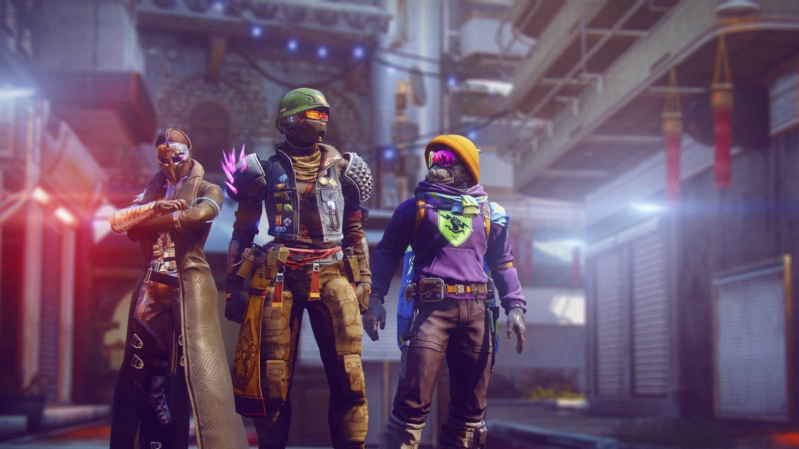 A fireteam of Guardians decked out with cosmetic gear look stylish in the tower