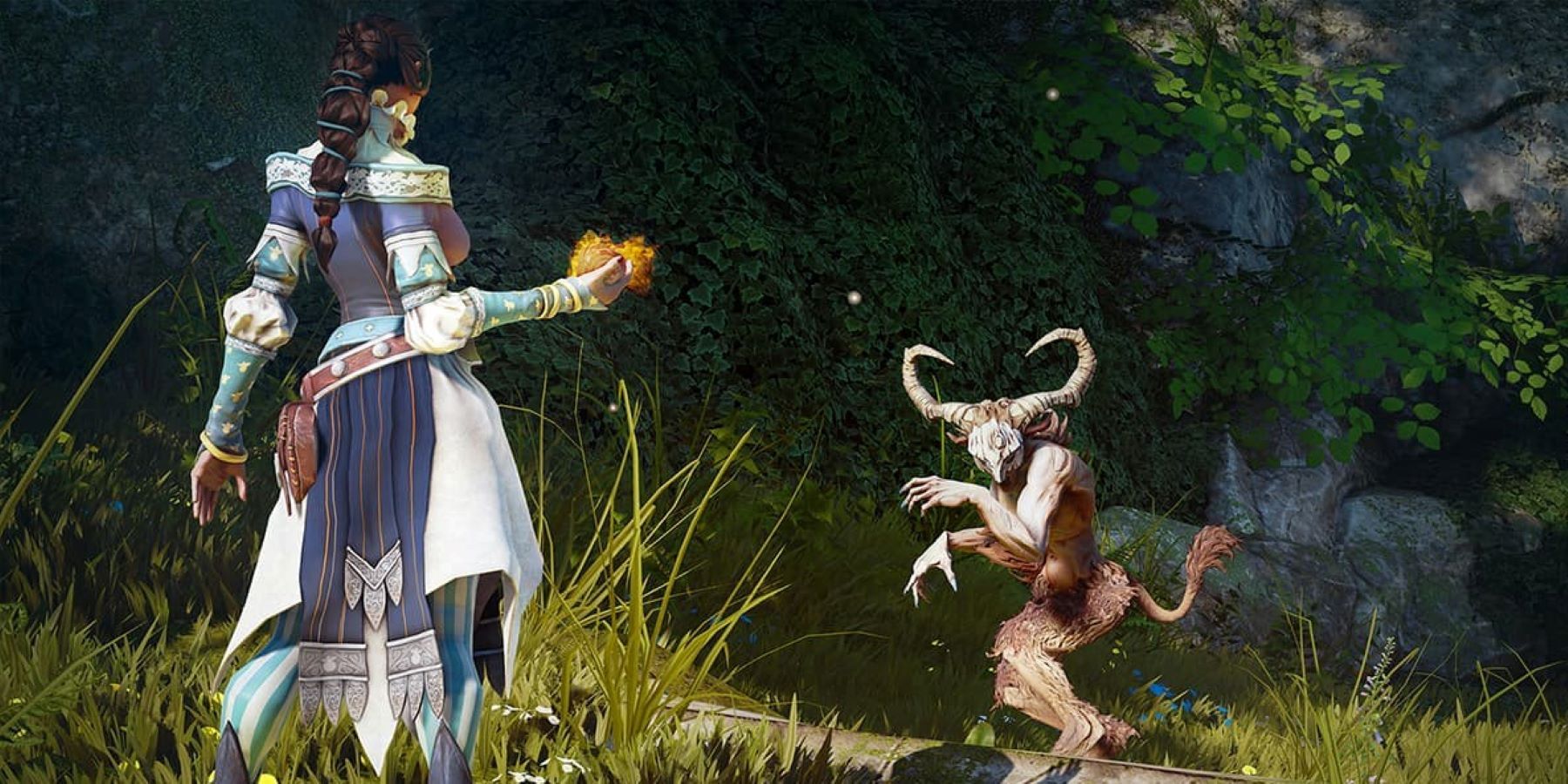 A finely dressed woman with magic in hand faces off against a satyr-like creature in Fable Legends