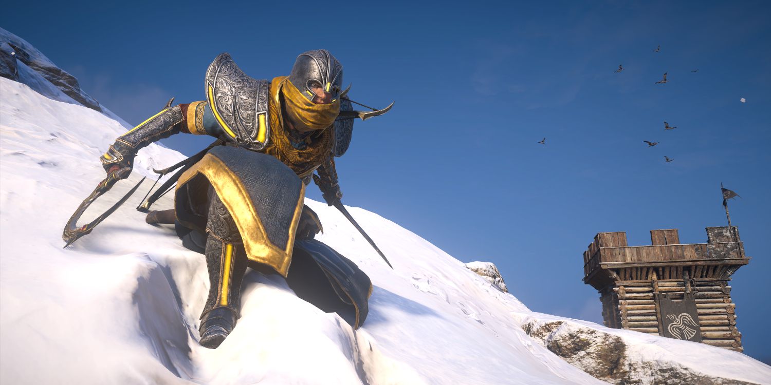 Eivor in a suit of armor with yellow accents standing on a snowy hillside